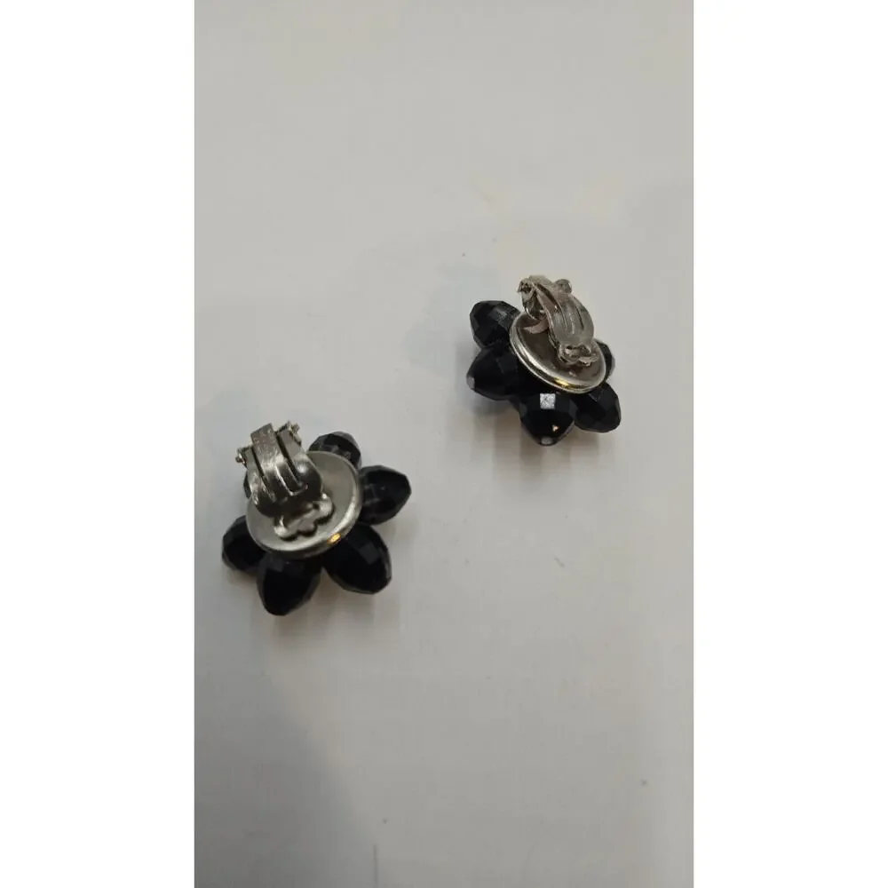 Vintage West Germany Black Acrylic Beaded Clip On Earrings Floral Flower